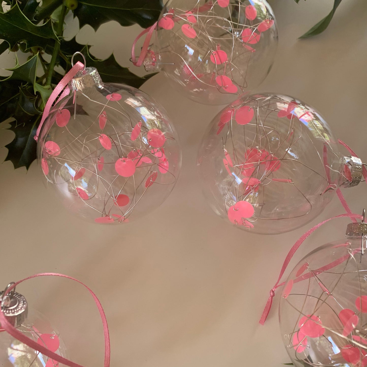 6 Pink Sequin Baubles - Glass Ornament - Christmas Tree Decoration - Clear Glass Xmas - Hand tied Sequins - Pink and Silver - 7cm