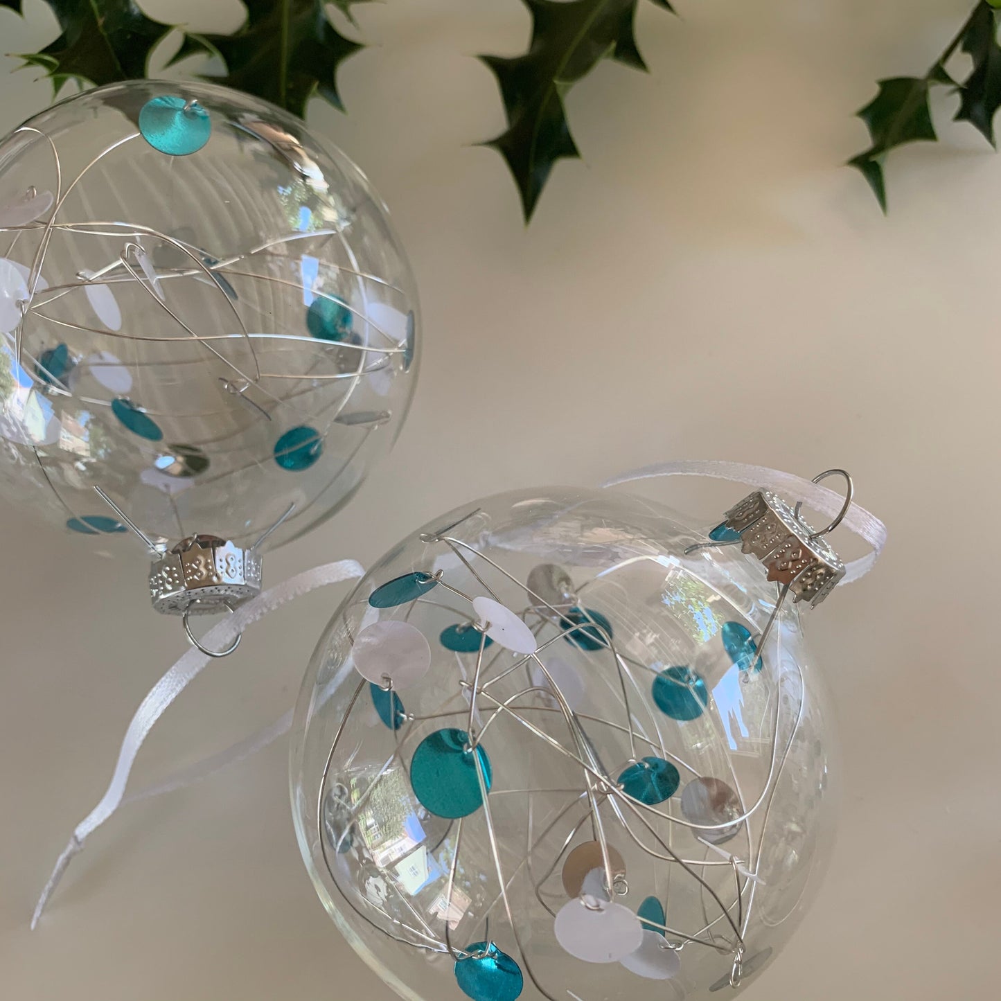 6 Ice Blue Sequin Baubles - Glass Ornament - Christmas Tree Decoration - Clear Glass Xmas - Hand tied Sequins - pink, white and Silver - 7cm