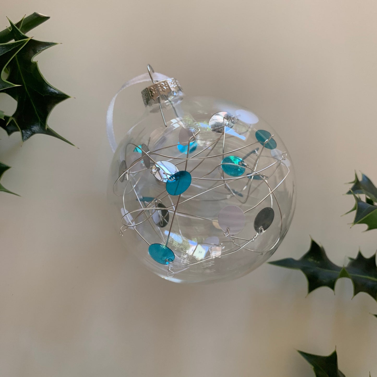 6 Ice Blue Sequin Baubles - Glass Ornament - Christmas Tree Decoration - Clear Glass Xmas - Hand tied Sequins - pink, white and Silver - 7cm