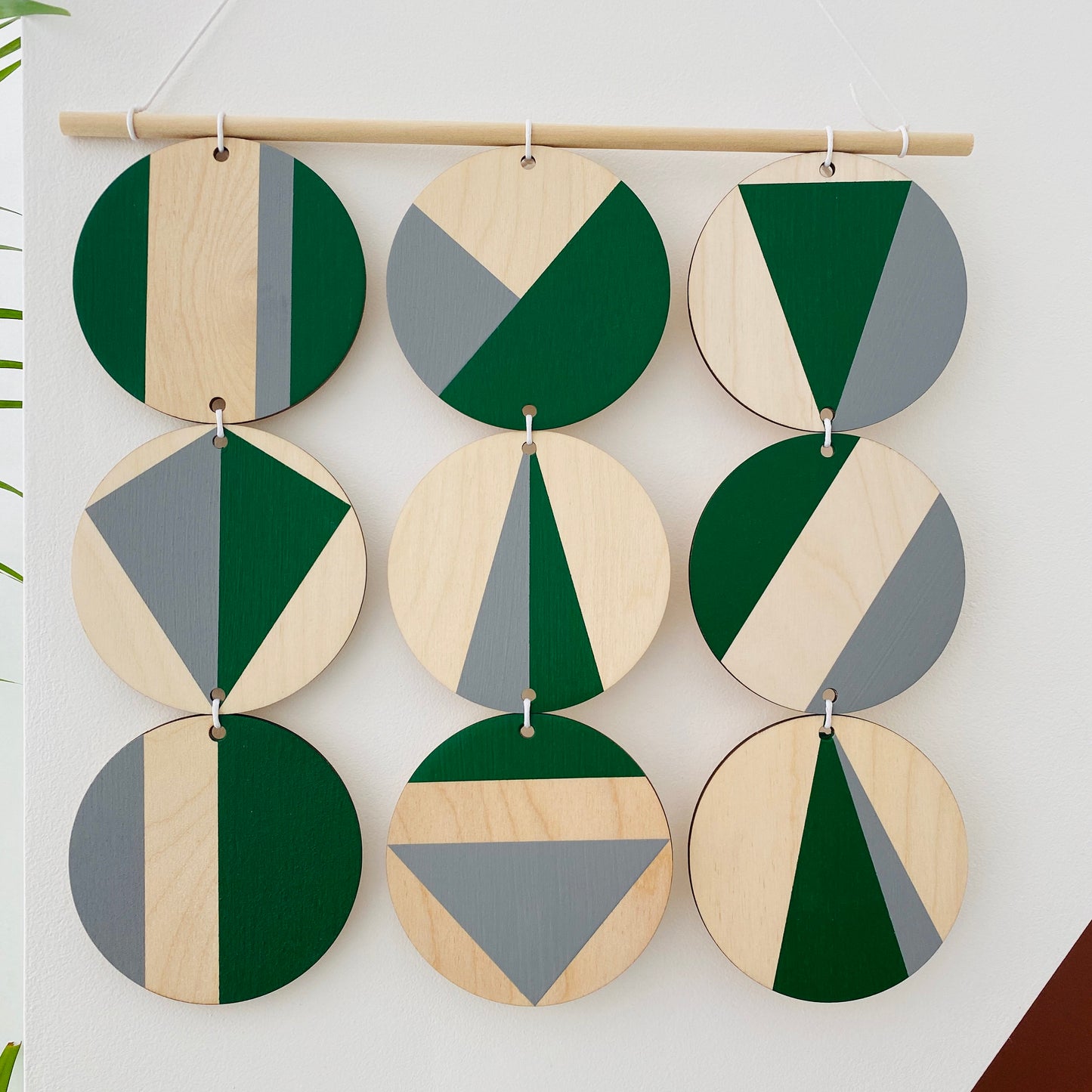 Green Art - Geometric Wall Hanging - Scandi Hygge Boho - Wooden Art - Wall Art Bright - Forest Green and Grey Decor - green and grey